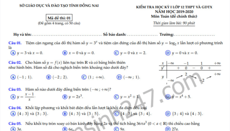 Đề thi kì 1 môn Toán 12 năm học 2019 Sở GD&ĐT Đồng Nai