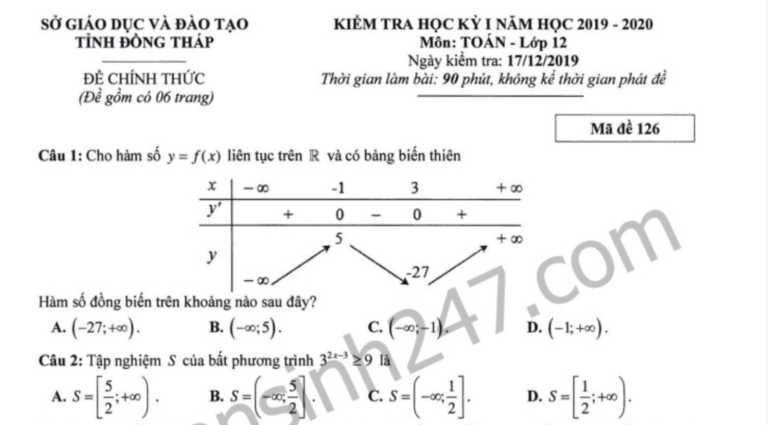 Đề thi môn Toán kì 1 lớp 12 năm 2019 Sở GD và ĐT Đồng Tháp