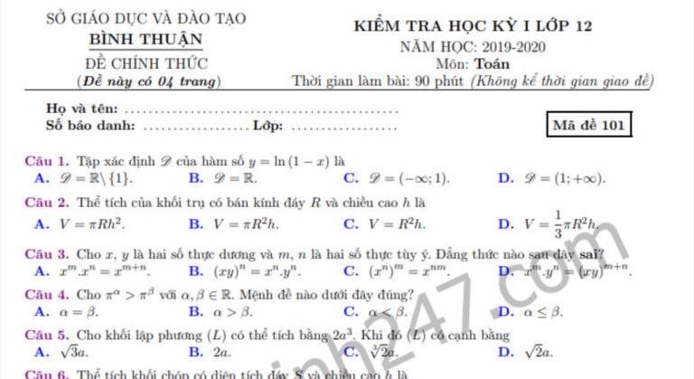 Đề thi kì 1 môn Toán 12 năm 2019 Sở GD&ĐT Bình Thuận