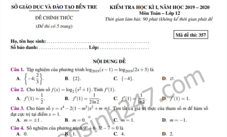 Đề kiểm tra học kì 1 môn Toán 12 Sở GD&ĐT Bến Tre năm 2019