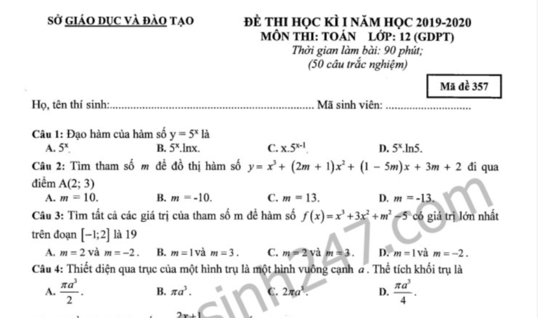 Đề thi học kì 1 lớp 12 môn Toán năm 2019 Sở GD&ĐT Bình Dương