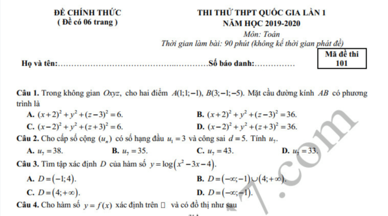 Đề thi thử môn Toán THPTQG lần 1 Chuyên Hạ Long 2020
