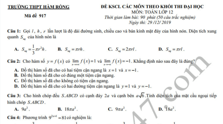 Đề thi thử THPTQG 2020 môn Toán THPT Hàm Rồng