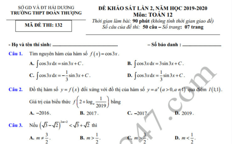 Đề thi thử môn Toán THPTQG 2020 THPT Đoàn Thượng lần 2