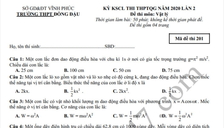 Đáp án – đề thi thử THPTQG lần 2 môn Lý THPT Đồng Đậu năm 2020