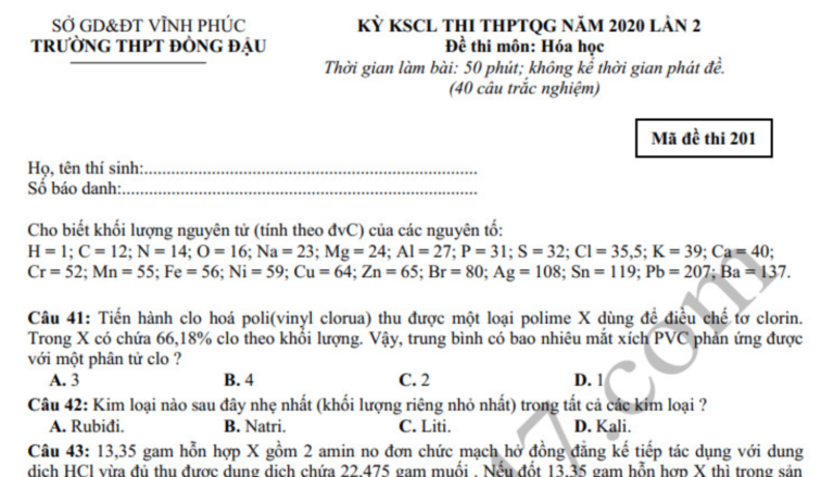 Đề thi thử THPTQG môn Hóa 2020 THPT Đồng Đậu lần 2