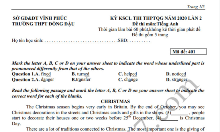 Đáp án – đề thi thử THPT Quốc gia 2020 môn Anh THPT Đồng Đậu lần 2