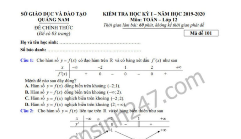 Đề thi kì 1 lớp 12 môn Toán Sở GD Quảng Nam 2019