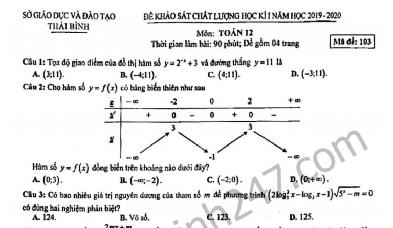 Đề thi kì 1 lớp 12 môn Toán Sở GD Thái Bình 2019