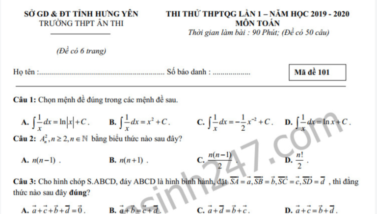 Đề thi thử THPTQG 2020 môn Toán lần 1 THPT Ân Thi