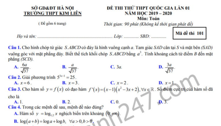 Đề thi thử THPTQG 2020 môn Toán THPT Kim Liên lần 1