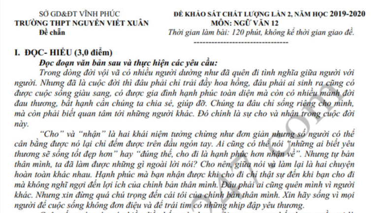 Đề thi thử Văn THPTQG 2020 THPT Nguyễn Viết Xuân lần 2