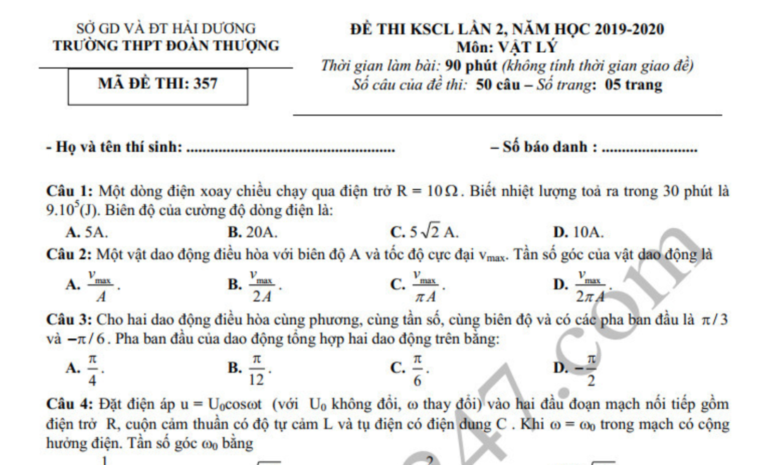 Đề thi thử THPT Quốc gia lần 2 môn Lý THPT Đoàn Thượng 2020