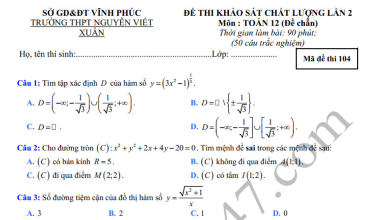 Đề thi thử THPTQG môn Toán THPT Nguyễn Viết Xuân 2020 lần 2