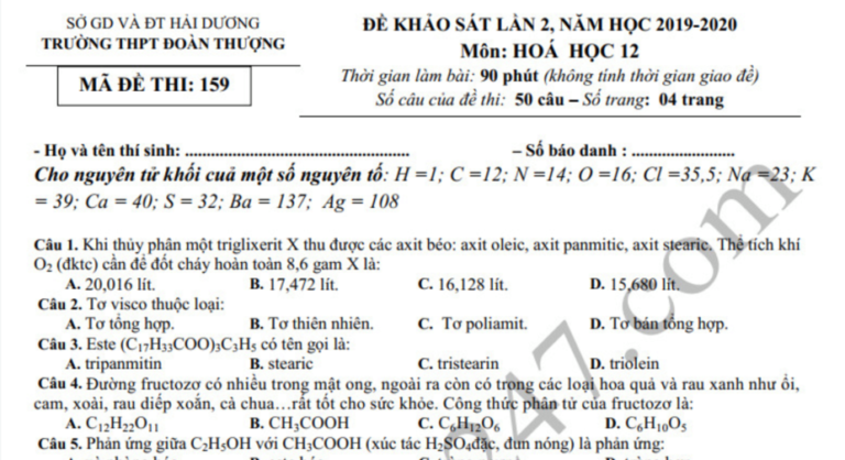 Đề thi thử THPT Quốc gia 2020 môn Hóa THPT Đoàn Thượng lần 2