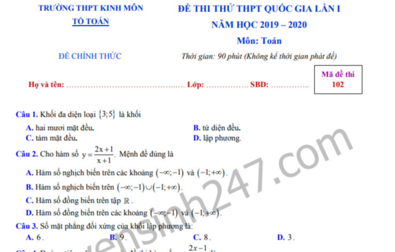 Đề thi thử THPTQG 2020 môn Toán lần 1 cụm NBHL Ninh Bình