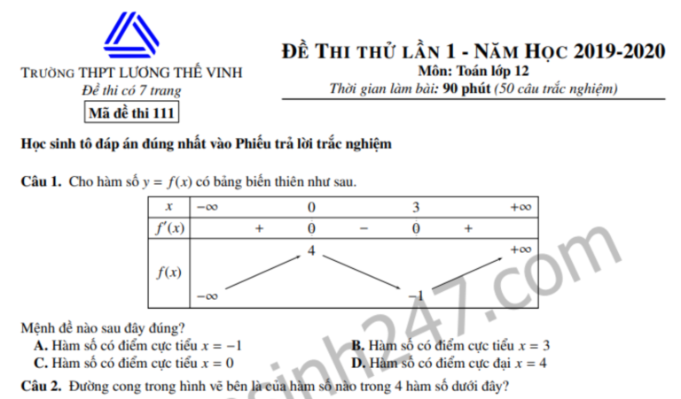 Đề thi thử THPTQG môn Toán 2020 THPT Lương Thế Vinh lần 1