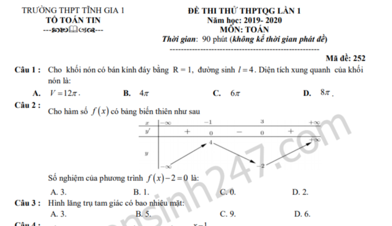 Đề thi thử THPT Quốc gia 2020 môn Toán lần 1 THPT Tĩnh Gia 1