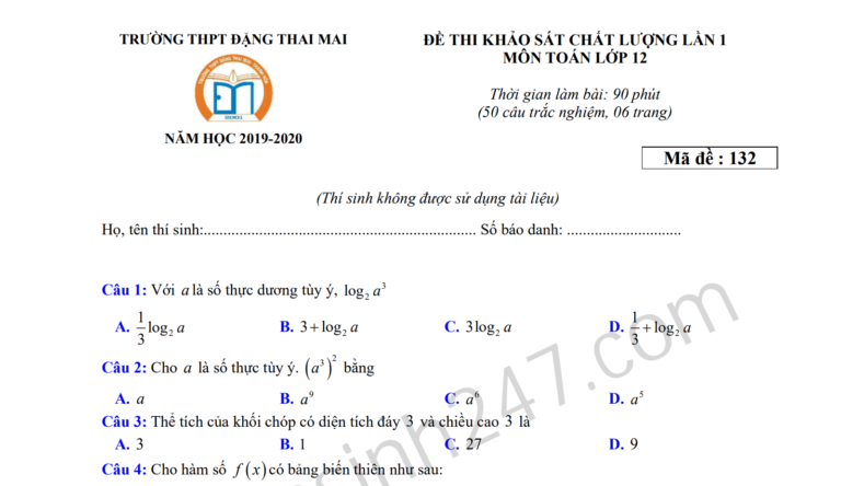 Đề thi thử THPTQG 2020 môn Toán THPT Đặng Thai Mai lần 1