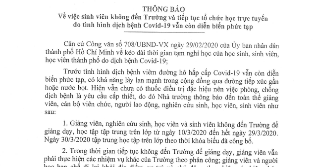 Thêm một trường đại học tại TPHCM hoãn học tập trung đến cuối tháng 3