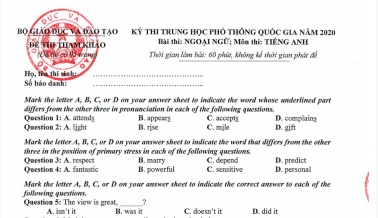 Hướng dẫn giải đề thi minh họa môn Anh THPTQG 2020