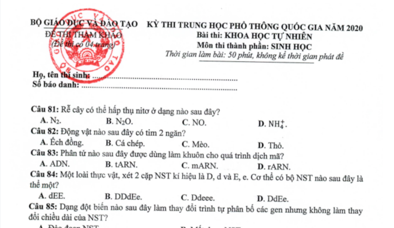 Hướng dẫn giải đề thi minh họa môn Sinh THPTQG 2020