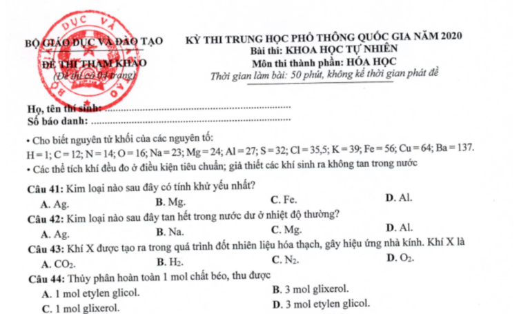 Hướng dẫn giải đề thi minh họa môn Hóa THPTQG 2020