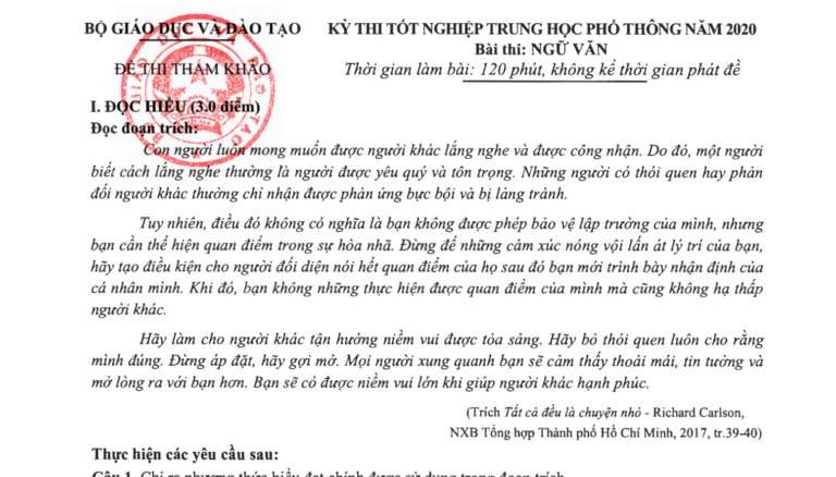 Đề thi tham khảo tốt nghiệp THPT 2020 lần 2 môn Ngữ Văn