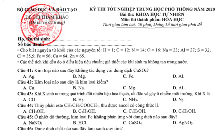 Đề thi tham khảo tốt nghiệp THPT 2020 lần 2 môn Hóa học