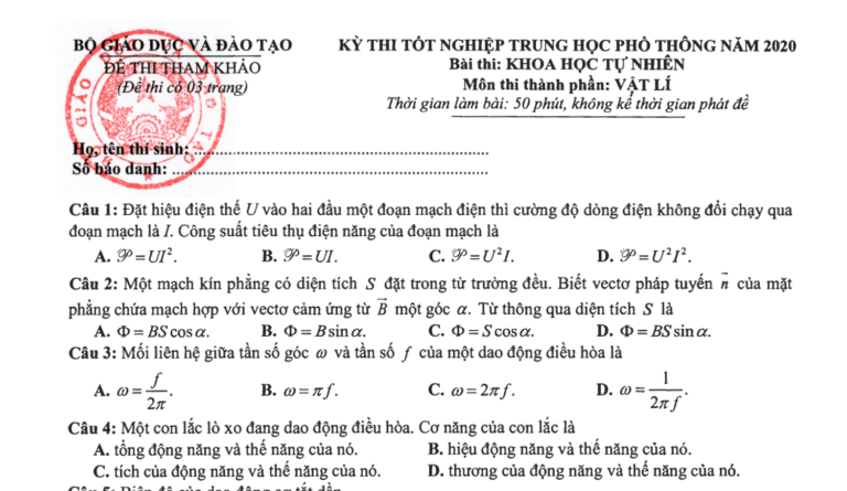 Đề thi tham khảo tốt nghiệp THPT 2020 lần 2 môn Vật lý