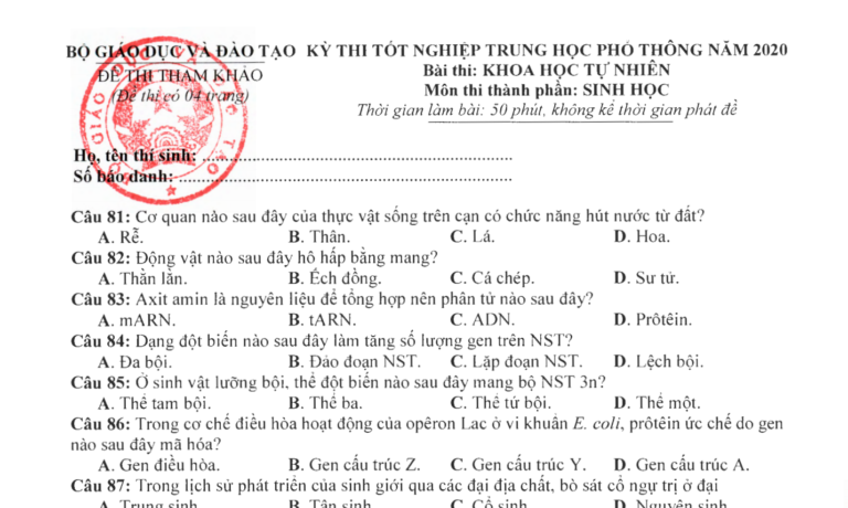 Đề thi tham khảo tốt nghiệp THPT 2020 lần 2 môn Sinh học