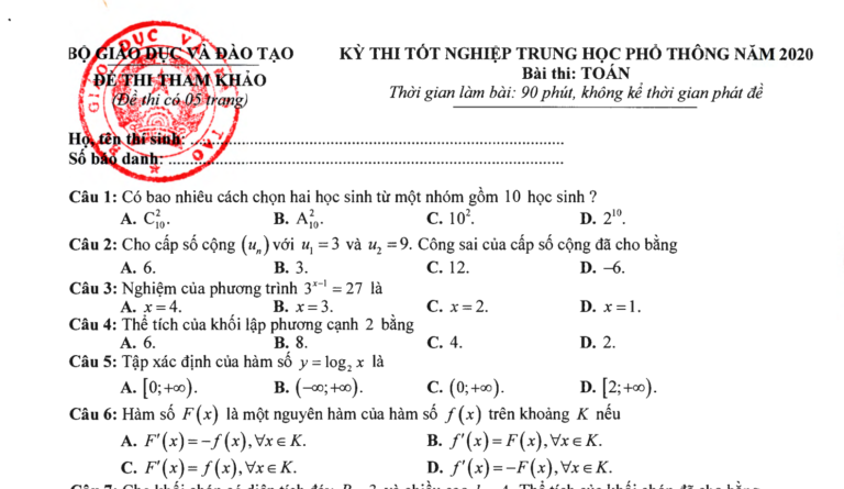 Đề thi tham khảo tốt nghiệp THPT 2020 lần 2 môn Toán