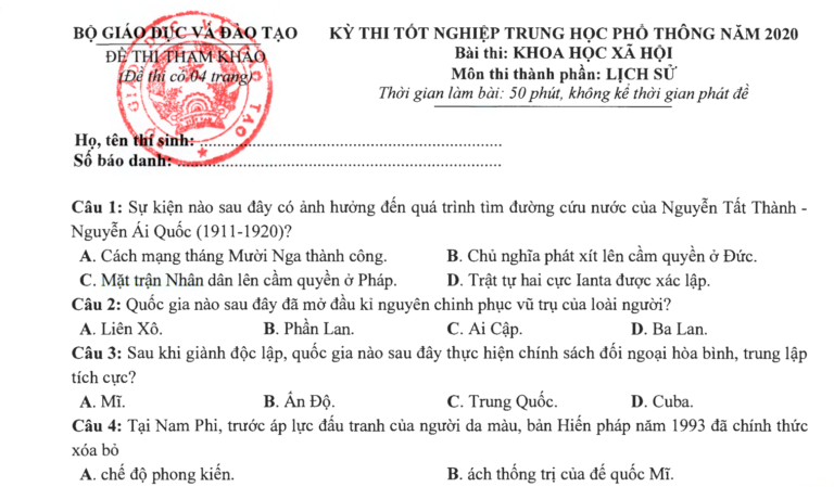 Đề thi tham khảo tốt nghiệp THPT 2020 lần 2 môn Lịch sử