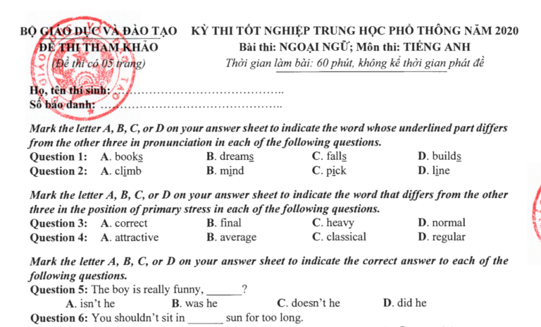 Đề thi tham khảo tốt nghiệp THPT 2020 lần 2 môn Tiếng Anh