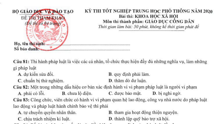 Đề thi tham khảo tốt nghiệp THPT 2020 lần 2 môn GDCD