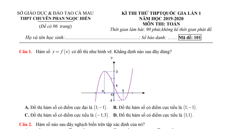 Đề thi thử THPT 2020 môn Toán lần 1 trường chuyên Phan Ngọc Hiển – Cà Mau