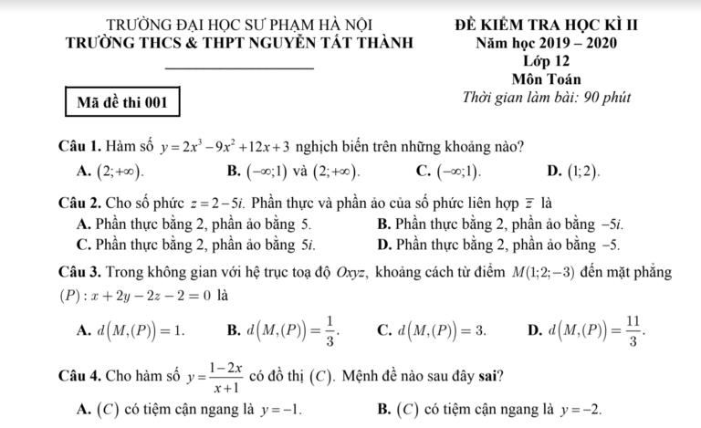 Đề thi học kì 2 Toán 12 năm 2019 – 2020 trường Nguyễn Tất Thành – Hà Nội