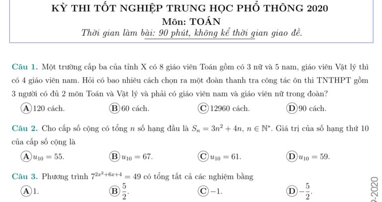 Đề thi dự đoán kì thi THPT môn Toán năm 2020 – Đề số 4 – Có đáp án