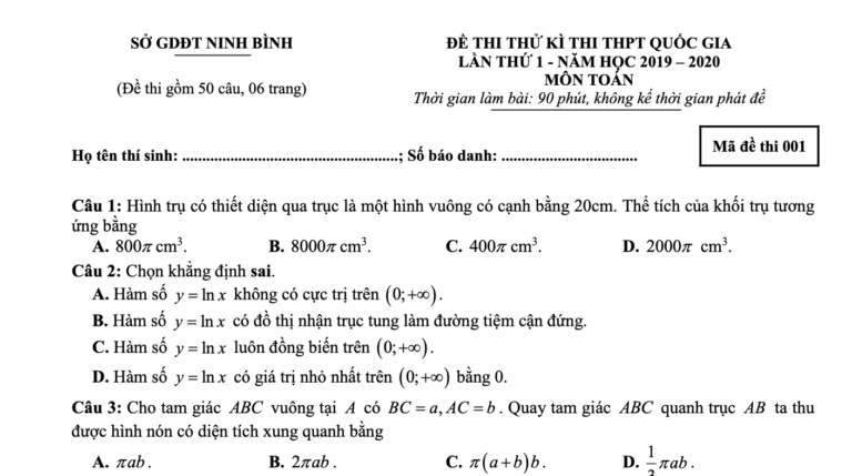 Đề thi thử THPT Quốc gia 2020 lần 1 môn Toán sở GD&ĐT Ninh Bình – Có đáp án