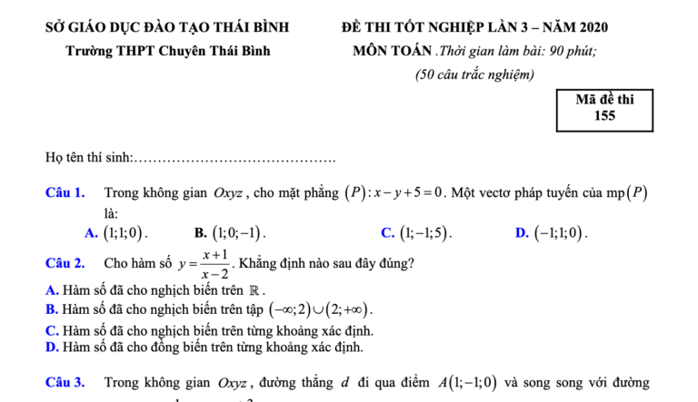 Đề thi tốt nghiệp lần 3 năm 2020 môn Toán trường THPT chuyên Thái Bình