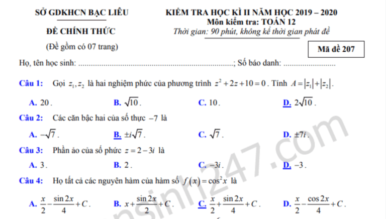 Đề thi kì 2 lớp 12 môn Toán – Sở GD Bạc Liêu 2020