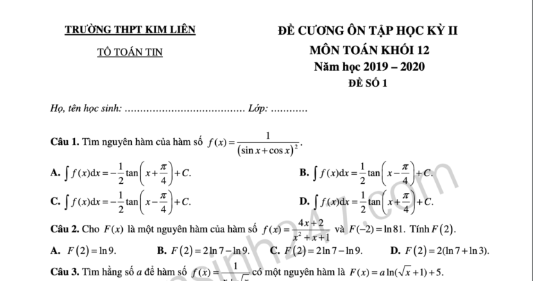 Đề cương ôn tập kì 2 lớp 12 môn Toán – THPT Kim Liên 2020