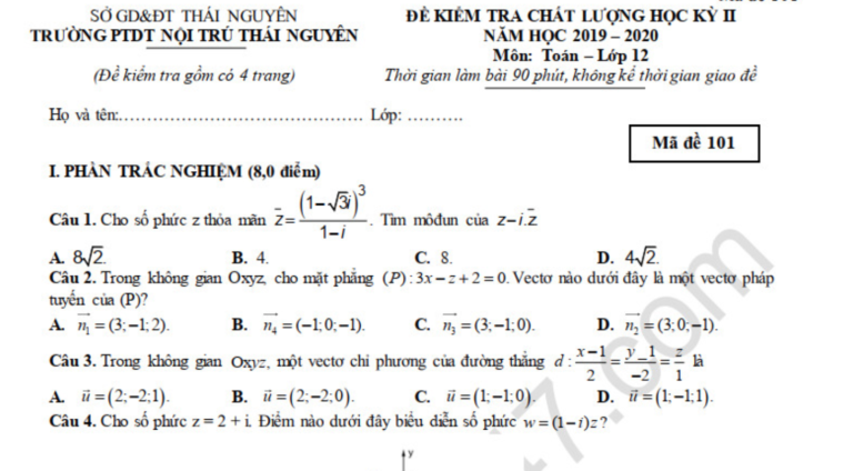 Đề thi học kì 2 lớp 12 năm 2020 môn Toán PTDTNT Thái Nguyên