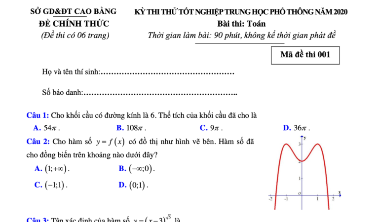 Đề thi thử tốt nghiệp THPT năm 2020 môn Toán sở GD&ĐT Cao Bằng