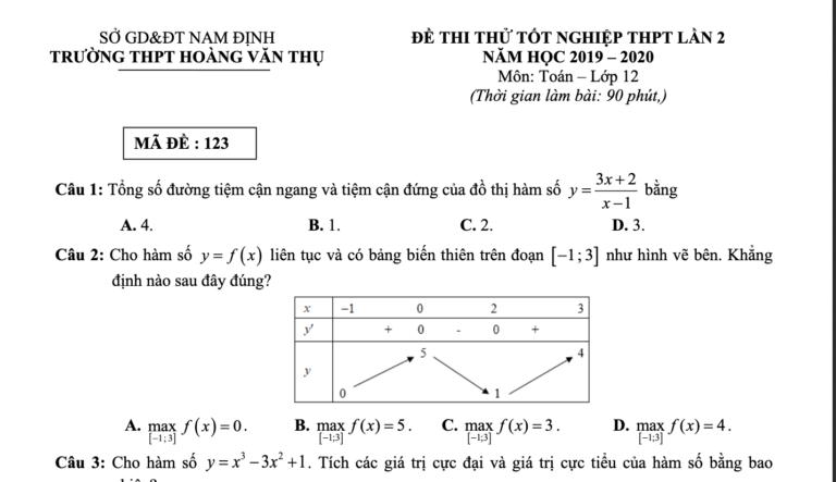 Đề thi thử tốt nghiệp THPT 2020 lần 2 môn Toán trường Hoàng Văn Thụ – Nam Định