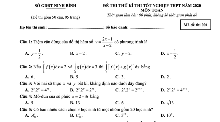 Đề thi thử tốt nghiệp THPT năm 2020 môn Toán sở GD&ĐT Ninh Bình