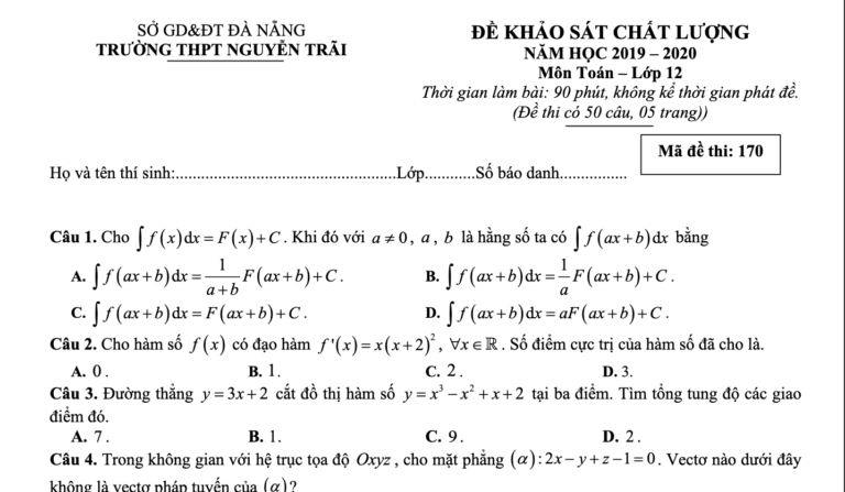 Đề khảo sát chất lượng Toán 12 năm 2019 – 2020 trường Nguyễn Trãi – Đà Nẵng