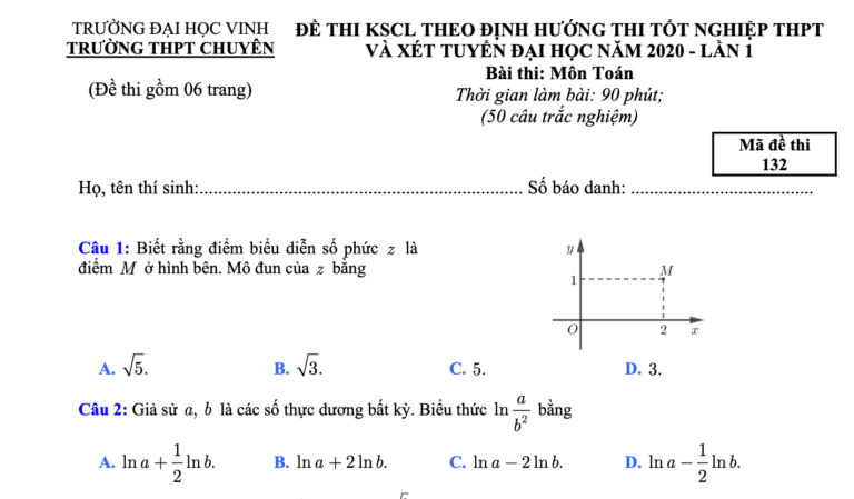 Đề thi thử tốt nghiệp THPT 2020 môn Toán lần 1 trường THPT chuyên ĐH Vinh – Nghệ An