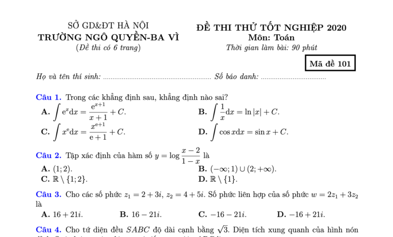 Đề thi thử tốt nghiệp THPT 2020 môn Toán trường THPT Ngô Quyền – Hà Nội