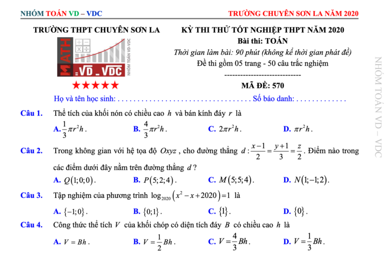 Đề thi thử tốt nghiệp THPT năm 2020 môn Toán trường THPT chuyên Sơn La – đáp án & giải chi tiết